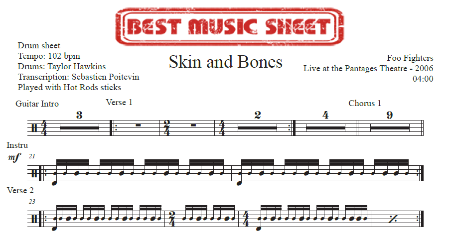 Sample drum sheet of Skin and Bones by Foo Fighters