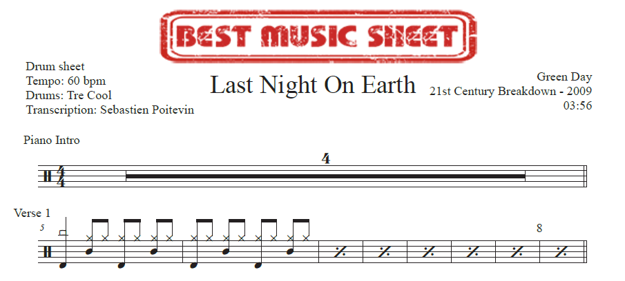 Extrait partition de batterie Last Night on Earth de Green Day