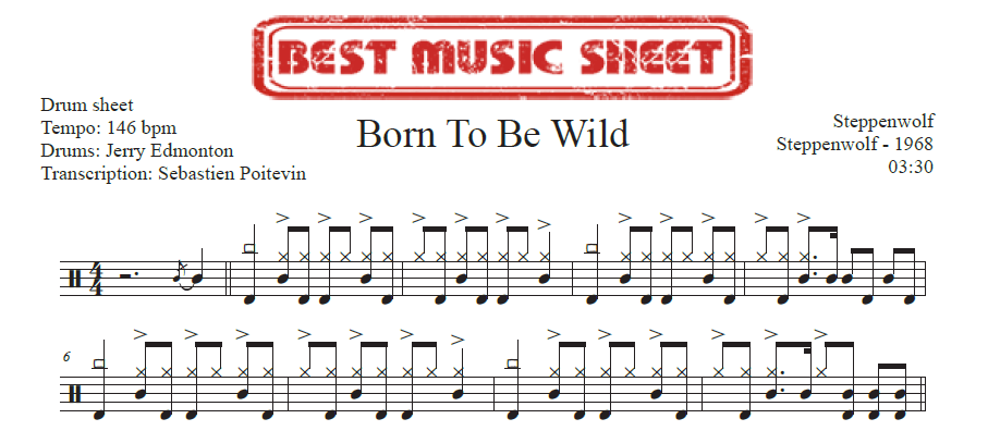 Sample drum sheet of Born to be Wild by Steppenwolf