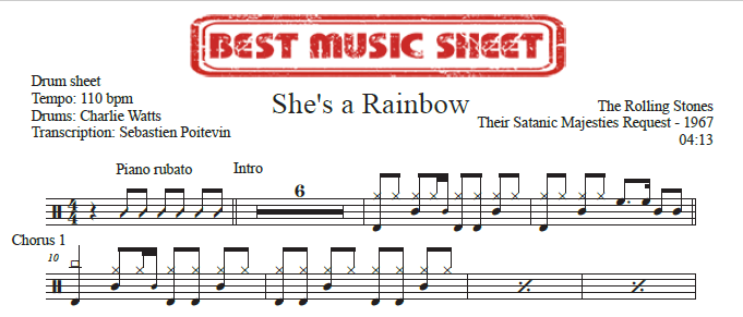 Sample drum sheet of She's A Rainbow by The Rolling Stones