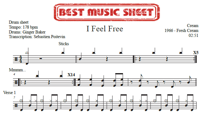 Sample drum sheet of I Feel Free by Cream