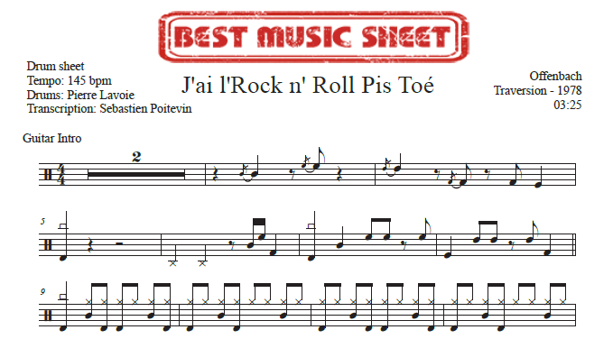 Sample drum sheet of J'ai l'Rock'n'Roll Pis Toé by Offenbach