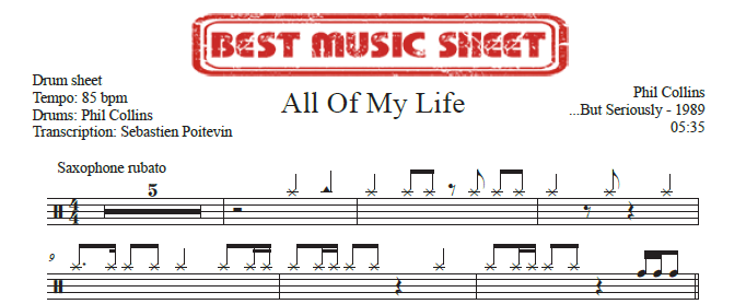 Sample drum sheet of All of My Life by Phil Collins