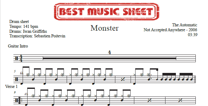 Sample drum sheet of Monster by The Automatic