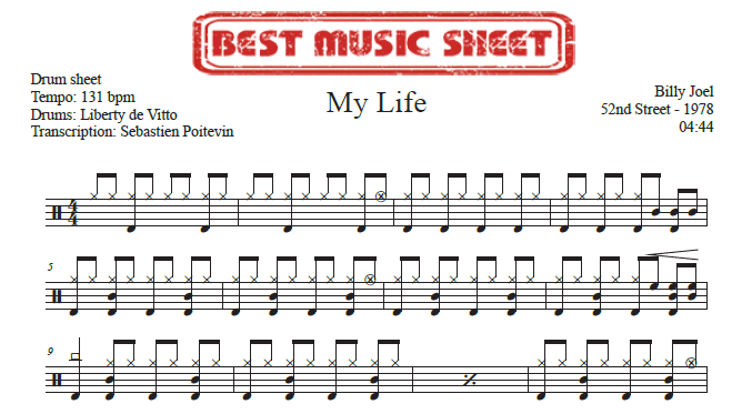 Sample drum sheet of My Life by Billy Joel