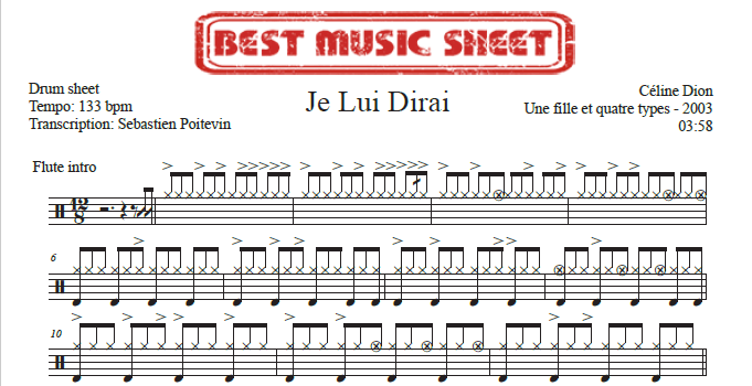 Sample drum sheet of Je Lui Dirai by Celine Dion