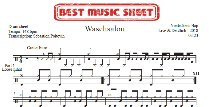 Sample drum sheet of Waschalon by Niedeckens BAP