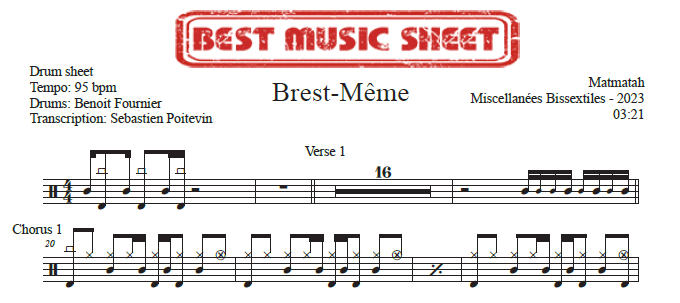 Sample drum sheet of Brest-même by Matmatah