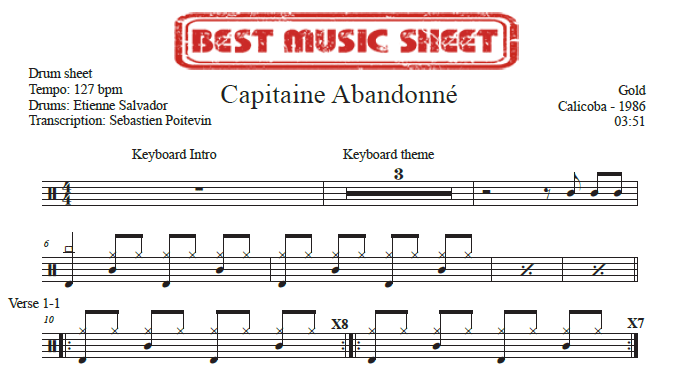 Sample drum sheet of Capitaine Abandonné by Gold