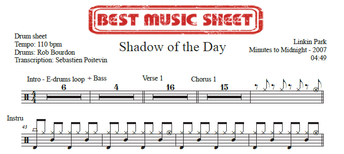 Sample drum sheet of Shadow of the Day by Linkin Park