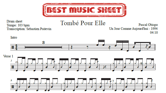 Sample drum sheet of Tombé Pour Elle de Pascal Obispo