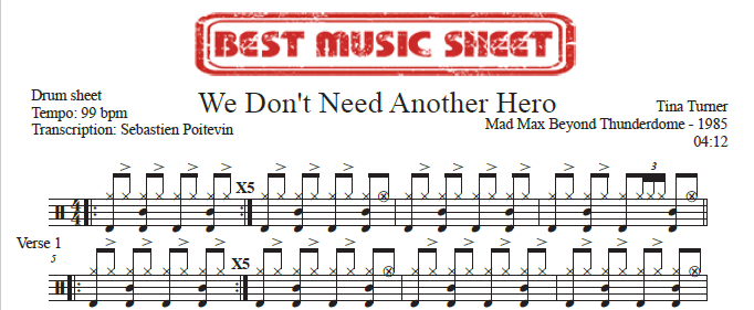 Sample drum sheet of We Don't Need Another Hero by Tina Turner