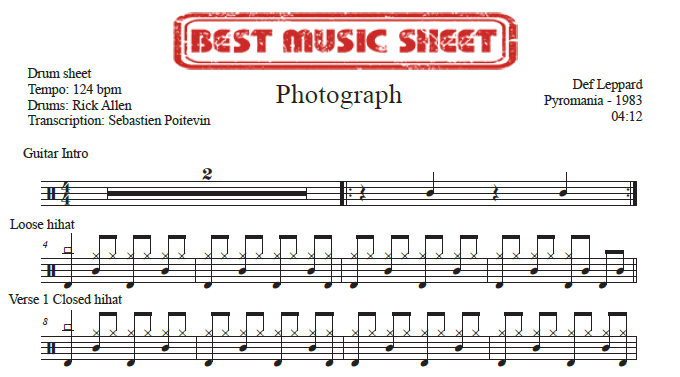 Extrait partition de batterie Photograph de Def Leppard