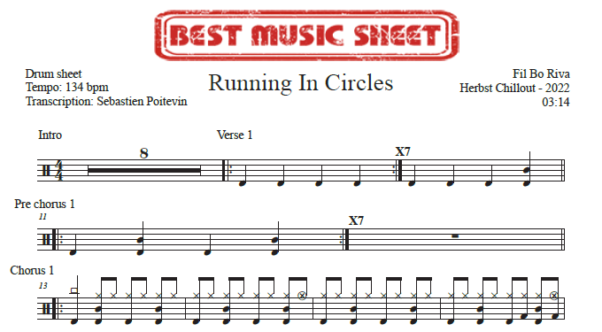 Sample drum sheet of Running In Circles by Fil Bo Riva