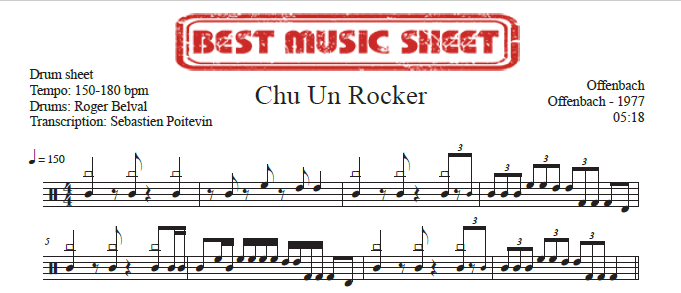 Sample drum sheet of Chu Un Rocker by Offenbach