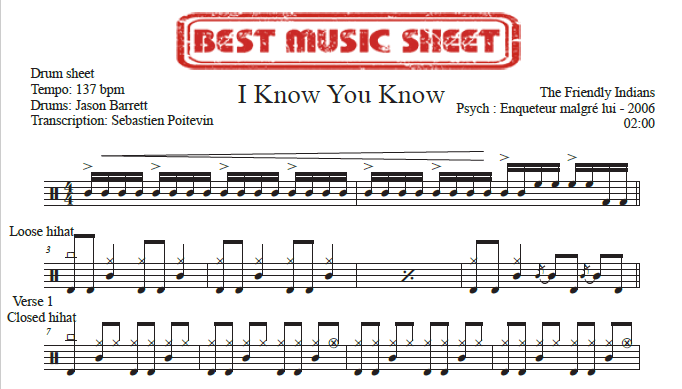 Sample drum sheet of I Know You Know by The Friendly Indians