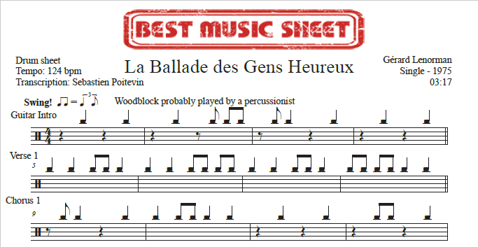 Sample drum sheet of La Ballade des gens heureux by Gérard Lenorman