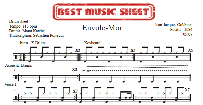 Sample drum sheet of Envole-moi by Jean-Jacques Goldman