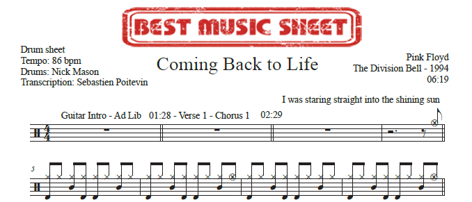 Sample drum sheet of Coming Back to Life by Pink Floyd