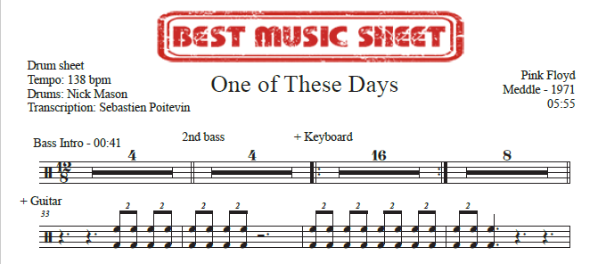 Sample drum sheet of One of These Days by Pink Floyd