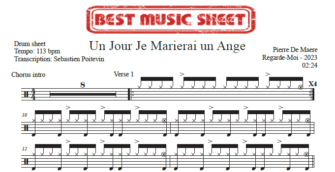 Sample drum sheet of Un Jour Je Marierai un Ange by Pierre de Maere