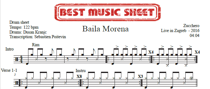 Sample drum sheet of Baila Morena by Zucchero