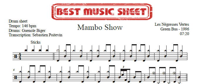 Sample drum sheet of Mambo Show by Les Négresses Vertes