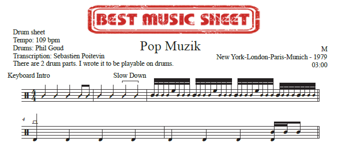 Sample drum sheet of Pop Muzik by M