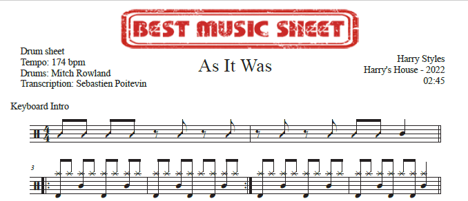 Sample drum sheet of As It Was by Harry Styles