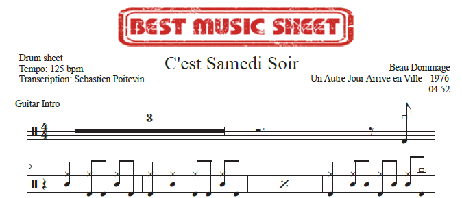 Sample drum sheet of C'est Samedi Soir by Beau Dommage