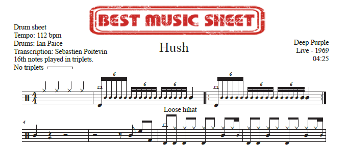Sample drum sheet of Hush Live by Deep Purple