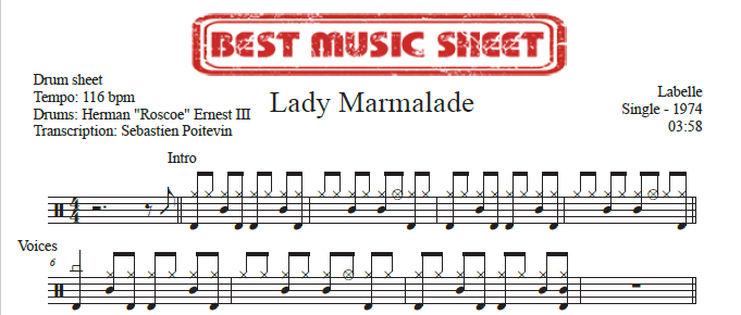 Sample drum sheet of Lady Marmalade by Labelle
