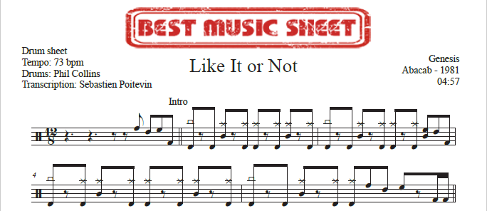 Sample drum sheet of Like It or Not by Genesis