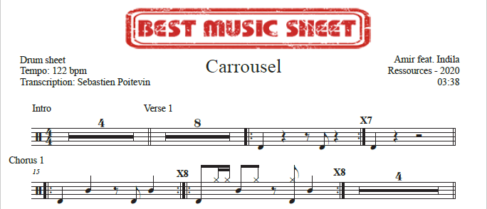 Sample drum sheet of Carrousel by Amir