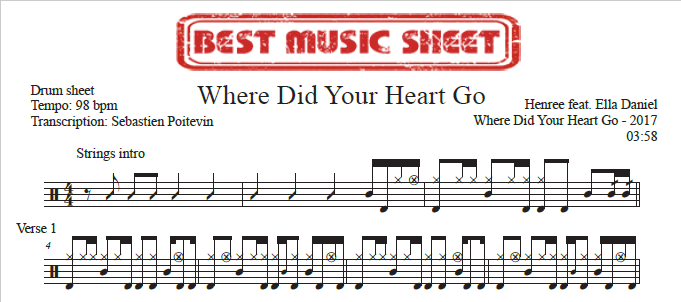 Sample drum sheet of Where Did Your Heart Go by Henree