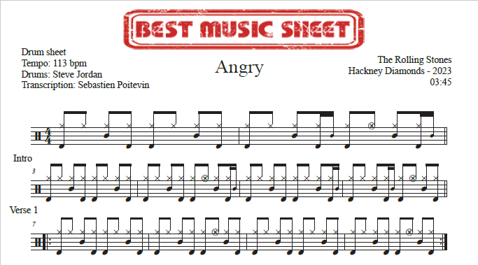 Sample drum sheet of Angry by The Rolling Stones