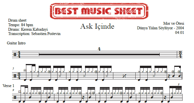 Sample drum sheet of Ask Icinde by Mor Ve Ötesi