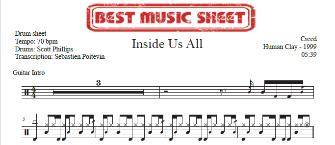Sample drum sheet of Inside Us All by Creed