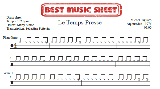 Sample drum sheet of Le Temps Presse by Michel Pagliaro