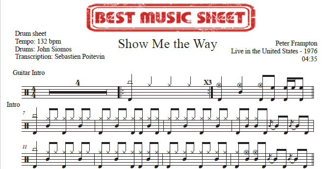 Sample drum sheet of Show Me the Way by Peter Frampton