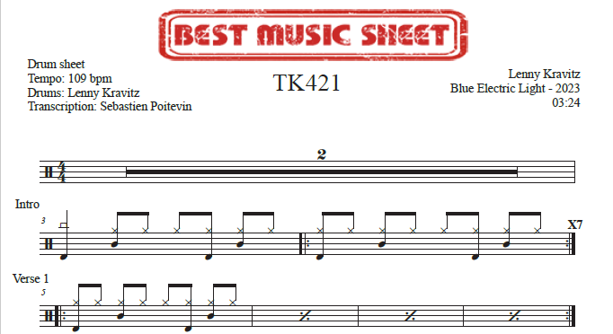 Sample drum sheet of TK421 by Lenny Kravitz