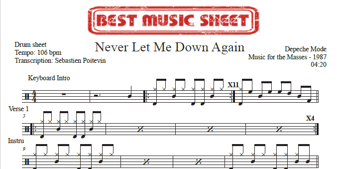 Sample drum sheet of Never Let Me Down Again by Depeche Mode