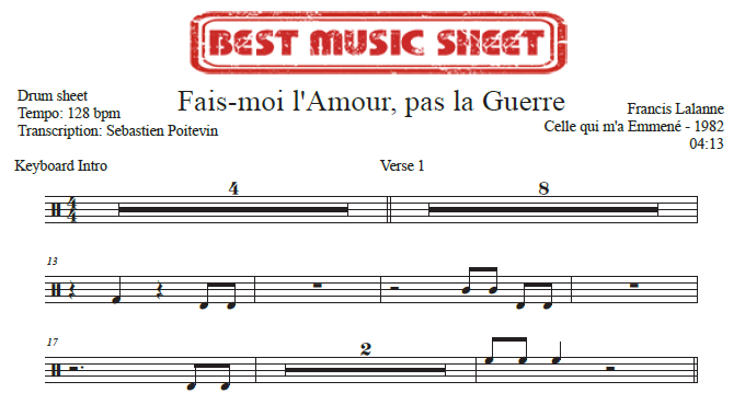 Sample drum sheet of Fai-moi l'Amour, Pas La Guerre by Francis Lalanne