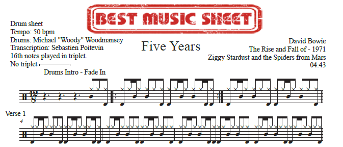 Sample drum sheet of Five Years by David Bowie