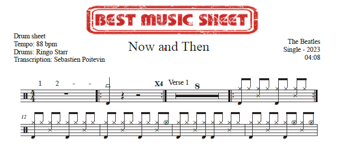 Sample drum sheet of Now and Then by The Beatles