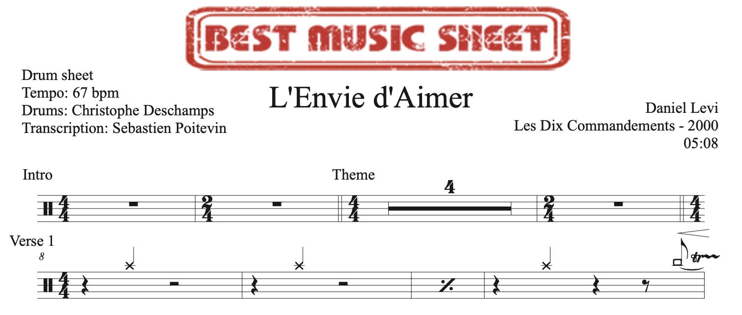 sample of the drum sheet of L'Envie d'Aimer by Daniel Levi