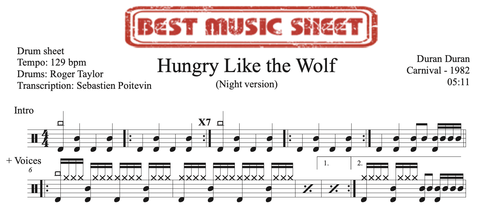 Extrait de la partition de batterie Hungry Like the Wolf Night version de Duran Duran