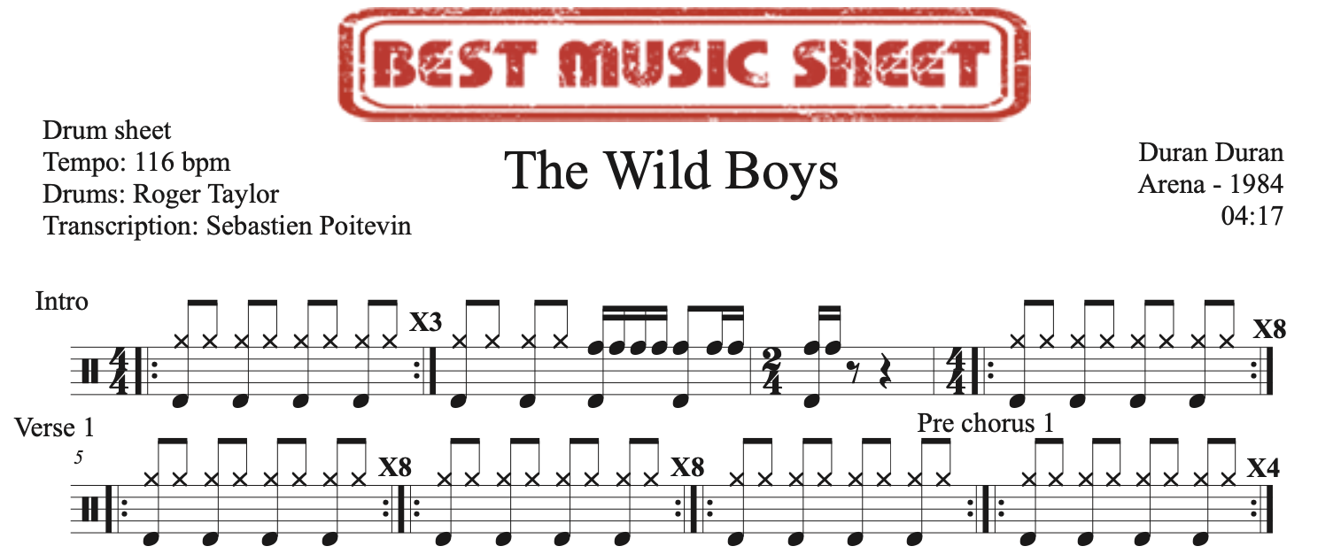 sample of the drum sheet of The Wilds Boys by Duran Duran