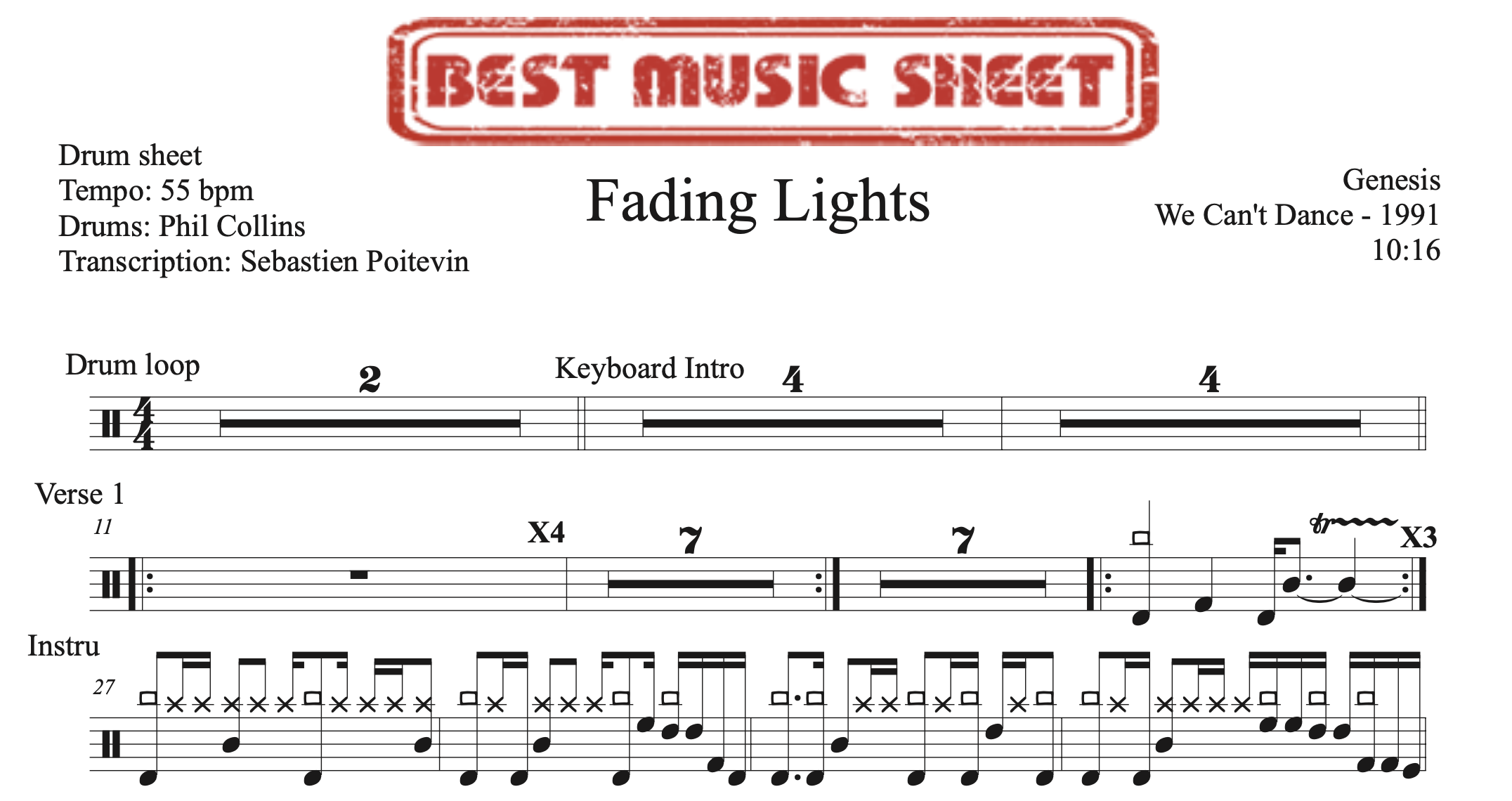 sample of the drum sheet of Fading Lights by Genesis