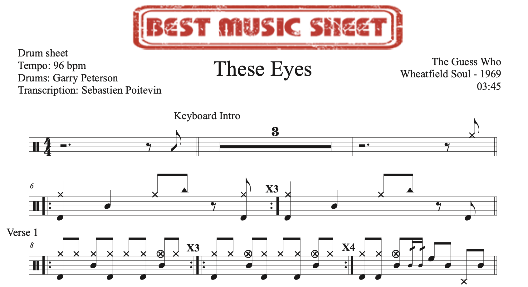 sample of the drum sheet of These Eyes by The Guess Who